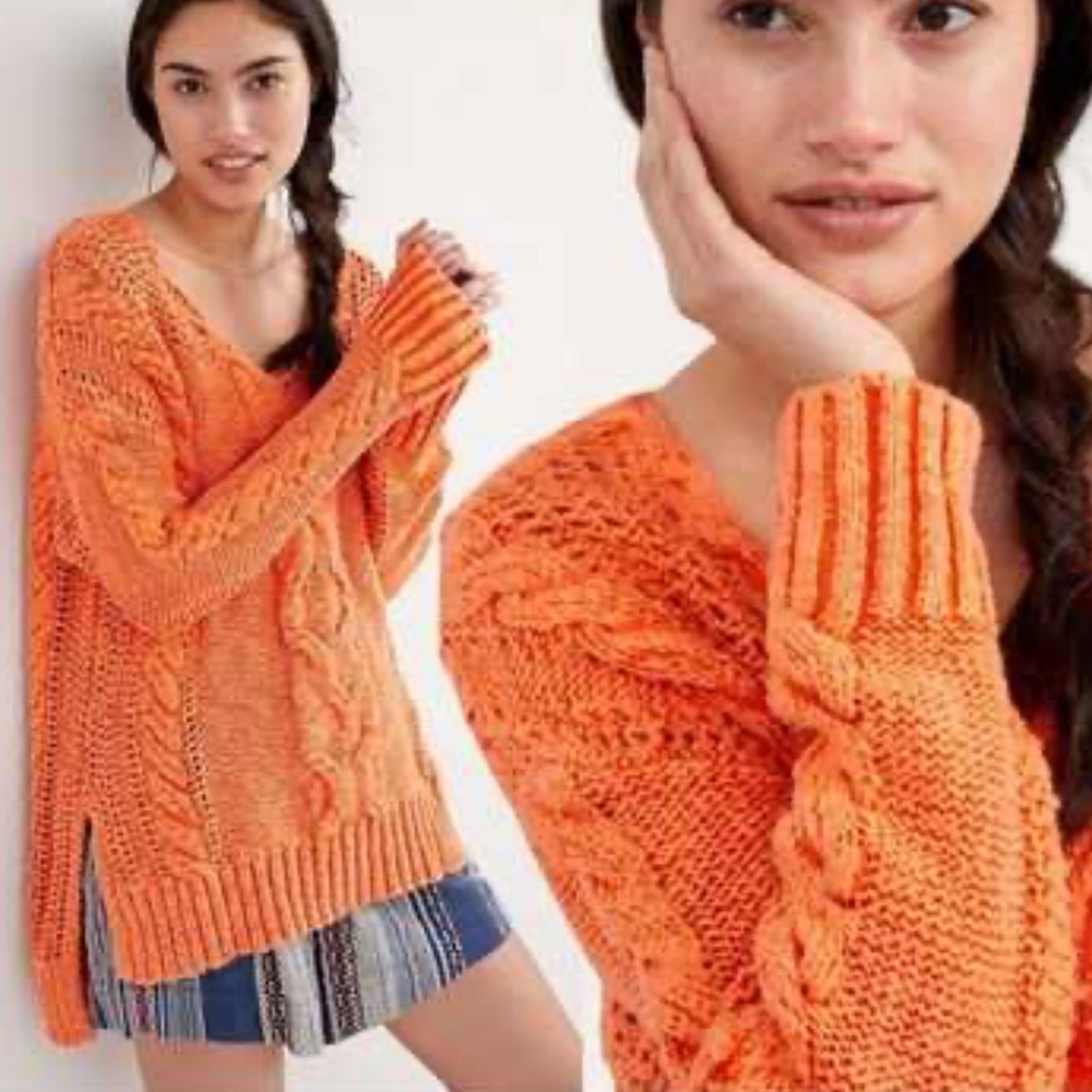 Anthropologie Pilcro Cable Knit Oversized Orange Sweater Size Medium 100% Cotton - Picture 7 of 7